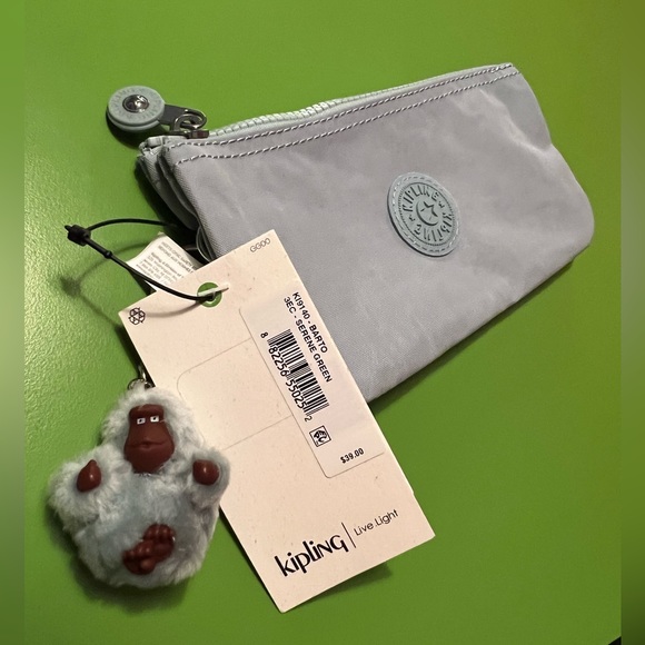 KIPLING Green Barto East West Zipper top Pouch cosmetic bag makeup organizer New - Picture 1 of 6